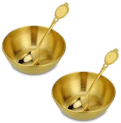 XINDAOLAISHENGQ 2 Set Golden Dip Bowls - Stainless Steel Snack Serving Dishes with Spoon for Home Kitchen