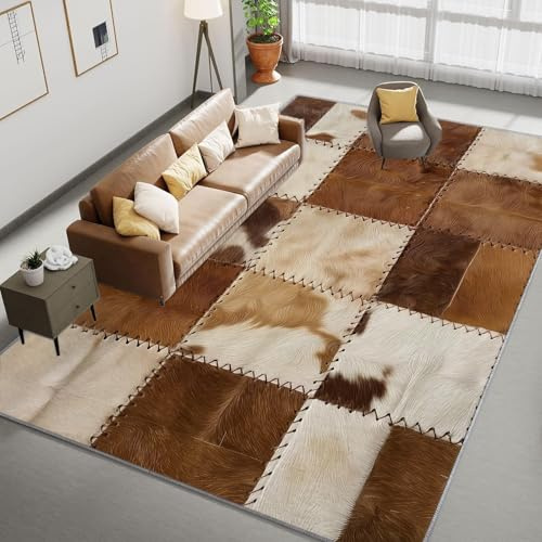 Tappeti da Soggiorno 120x170 cm, Tappeto Stampato Strisce patchwork pelle di mucca, Tappeto a Pelo Corto Stile rustico per Camera da letto, Tappeti Lavabili in Lavatrice per Soggiorno