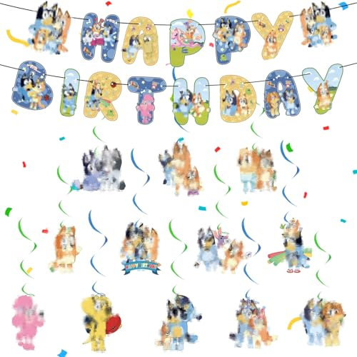 Geburtstagsparty Deko,14Pcs Blue Dog Geburtstag Banner Swirl Decorations Geburtstagsdeko, Bunting Girlande Hängende Deko Happy Birthday Banner Dekoration für Kinder thema Geburtstag Party Deko