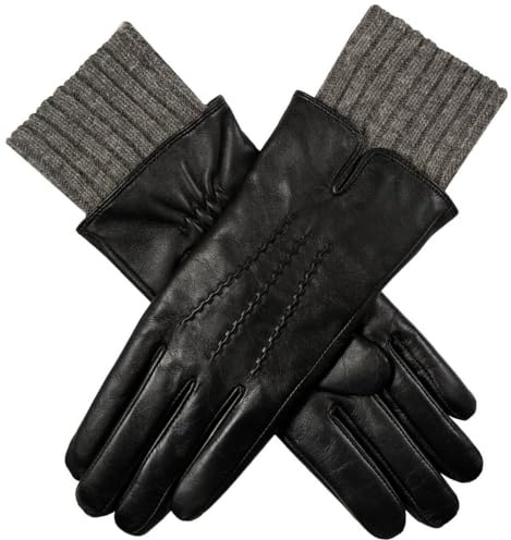 Dents Womens Tamara Knitted Cuff Leather Gloves - Black/Charcoal