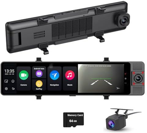 3-K Android 13 4G Dash Cam Rückspiegel, Carplay & Android AutoCar DVR, 12 Zoll IPS Touch Vollbildschirm, 4 GB + 64 GB, 5G Wifi GPS Navi ADAS Bluetooth, Fernüberwachung, vorne innen und hinten
