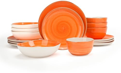 Vajilla Highland de 16 piezas para 4 personas, platos y cuencos de cerámica orgánica, resistente a arañazos, apta para microondas y lavavajillas, efecto moteado artesanal, color naranja espiral.
