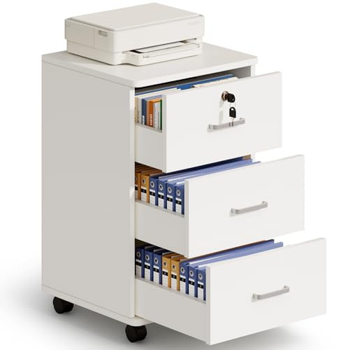 Warmiehomy 3 Drawer Lockable Filing Cabinet, Mobile Under Desk Drawers with Storage, Office Drawers File Cabinet for Letter / A4 Paper/Document, Printer Stand Home Office, White