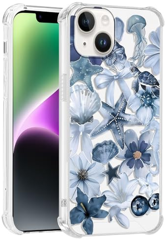 Tivkofk Cute Phone Case for iPhone 13/iPhone 14 6.1'', Summer Blue Ocean Life Flower Design Case, Clear Transparent Anti-yellowing Slim PC Shockproof Protection Cover for Girls Women