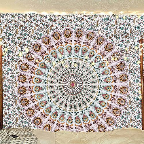 Bless International Indischer Hippie Bohemian Psychedelic Peacock Mandala Wandbehang Bettwäsche Tapisserie (Floral Gold, Twin (137x182Inches) (140x185cms))