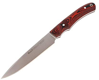 Muela Cuchillo CRIOLLO-14 hoja de acero MoVa de 14 cm y empuñadura de madera de coral para Caza, Pesca, Supervivencia y Bushcraft Realizado en Ciudad Real + Portabotellas de regalo