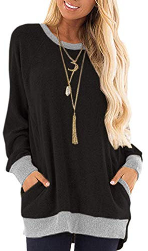 iChunhua Women Tunic Tops Cotton Winter Plain Long Sweatshirt Oversized Jumper Black-S2 XXL