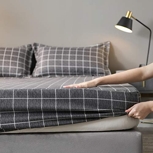 Chickw1 100% Polyester Spannbetttuch, Plaid Streifen Spannbetttuch Boxspringbett, Weiche Spannbettlaken Matratzenschoner für Bettw Sche, Steghöhe bis 20cm (Dunkelgraues Plaid,120x200x20cm)