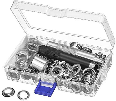 OVISEEN Grommet Tool Kit - 100 Sets Grommets & Eyelets Kit for Tarpaulin Fabric Curtains (2/5 Inch Inside Diameter)