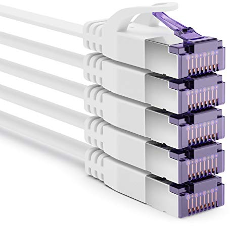 deleyCON 5x 0,25m Plano CAT7 Cable de Red (CAT 7 con 10 Gbit/s) Gigabit LAN - RJ45 Ethernet Corto Cable de Conexión Plano - para Internet Conmutador Enrutador Módem Panel de Conexiones - Blanco