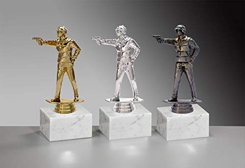 Henecka 🏹 Schießport-Pokal, Schützen-Trophäe, Pistolen-Schütze auf Marmorsockel, mit Wunschgravur, wählbar in 3 Farben (Gold)
