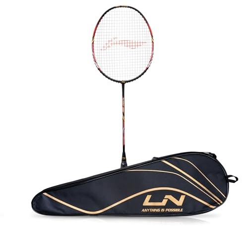 Li-Ning Turbo 99 Badmintonschläger aus Karbonfaser, mit vollständiger Abdeckung, Schwarz / Rot