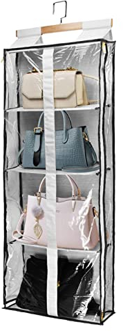 JC-Houser Transparent Hanging Handbag Organizer, Easy Access Purse Storage Holder Over the Door Shelf Space Saving 4 Pockets for Closet Bedroom Living Room(L-Gray)