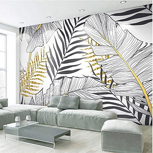 Tapete 3D Wandbild Nordische Schwarze Und Weiße Goldene Blätter Einfach Fototapete 3D Effekt Vliestapete Wohnzimmer Schlafzimmer Wanddeko 150cmX105cm