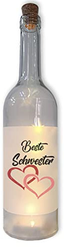 WB wohn trends LED-Flasche mit Banderole, Beste Schwester mit Herz, 29cm Flaschen-Licht Glitzer-Flasche Leuchtflasche Lampe mit Text Spruch