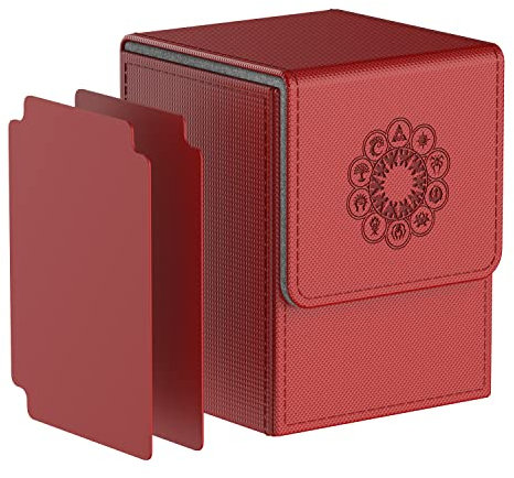 Pulchra Scatola Box Porta Carte Capacità fino a 100+ carte, con 2 Piastra di Partizione, Magnetic Flip Deck Box (Elemental Design, Rosso)