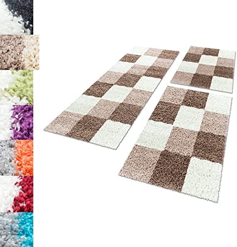 Carpettex Bettumrandung Schlafzimmer 3teilig Shaggy Teppich Hochflor Karo Muster Mocca Bettset:2 mal 60x110 + 1 mal 80x150 - Bettvorleger Schlafzimmer Läuferset Weicher Langflor Bettumrandung Teppich