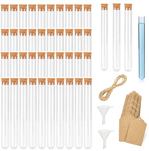 rumitpan 40 Stück Reagenzgläser Kunststoff 16x150mm 20ml Transparent Reagenzglas mit Korken, Reagenzgläser für Blumen Glasröhrchen 45 Stück Kraftpapier Anhänger 10m Hanfseil 2 Stück Trichter