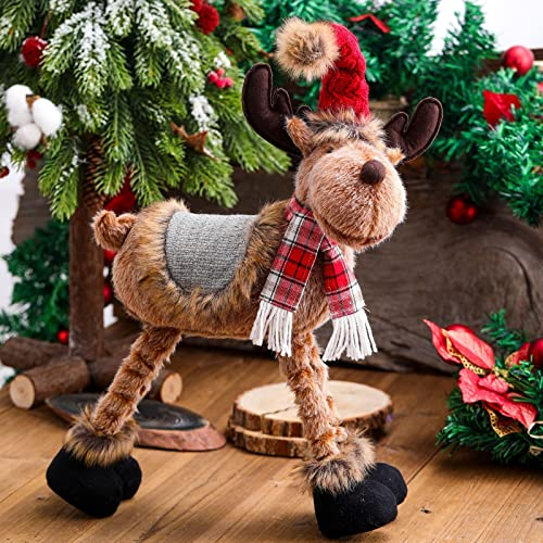 Winterlicher Deko Elch mit 4 ausziehbaren Beinen, Weihnachten Plüsch Ornamente,Teleskophirsch Rentier Puppe Weihnachtsdeko, Plüschtier Geschenke für Kinder Familie Freunde (Elch)