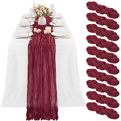 Lot de 10 chemins de table en étamine, 4,9 m - Pour réception de mariage, fête prénuptiale, fête d'anniversaire, décoration de table de mariage rustique et romantique - Bordeaux