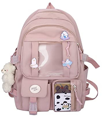 EVEOUT Sacs à Dos pour Enfant avec de Jolies étiquettes et épingles Grande capacité Sacs portés Dos pour Fille Sac à Dos Nylon Adolescent Cartable Multi-Poches (Rosé)