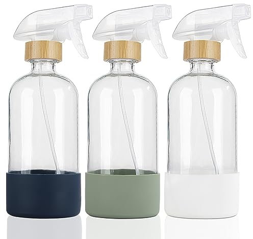 HOMBYS Empty Bamboo Glass Spray Bottles with Silicone Sleeve Protection - Refillable 17 oz Clear Glass Containers for Cleaning Solutions, Essential Oils, Misting Plants - Quality Sprayer - 3 Pack