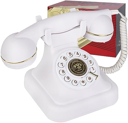 Sangyn Retro Festnetztelefone Klassisches Retro Telefon mit Wählscheibe Einstellbare Lautstärke Vintage Nostalgie Telefon für Home Office Dekoration, Weiß