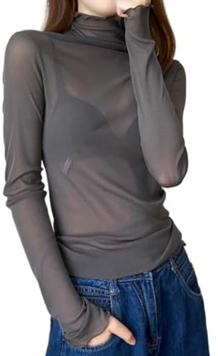 SamHeng Women Sheer Mesh Tops See-Through Long Sleeves Shirt Ladies Turtleneck Slim Fit Basic Blouse Tee Tops Party Clubwear(Grey/XL)