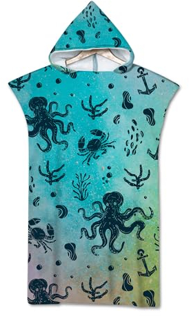 Rowjoy Strandtücher Microfaser, Ozean Tier Drucken Strandtuch, Blau Unterwasser Welt Strandtuch mit Kapuze, Handtuch Poncho Schnell Trocknender Bademantel für Erwachsene Kinder (Octopus-75x110cm)