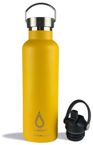 Mondello Botella de agua de acero inoxidable (amarillo, 750 ml), ideal para viajes, incluye popote flexible y tapa flexible, bebidas calientes y frías, sin BPA