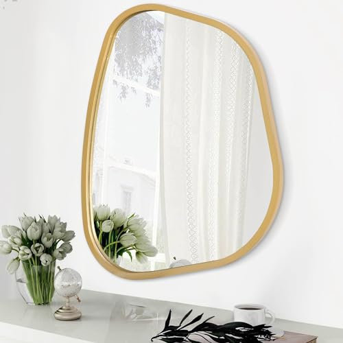 HLFMVWE Large Asymmetrical Wall Mirror Irregular Wood Frame Modern Unique Wall-Mounted Artistic Wavy Mirror Decor Bathroom Vanity Bedroom Living Room Entryway Hallway 65 x 45 CM