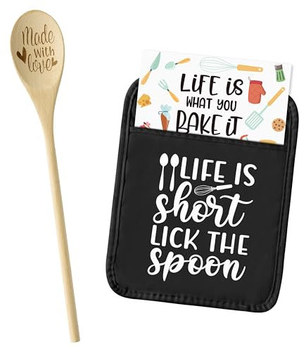 GROBRO7 Potholders Thank You Geschenk - 3 Stück Topflappen mit Lasergravur Hölzerner Spoon Grußkarten-Set Life is Short Lick The Spoon Hitzebeständiges Hotpads für Frauen Mothers Day Oma Wertschätzung