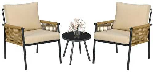 Outsunny Conjunto de Muebles de Jardín Juego de 3 Piezas Sillas y Mesa de Ratán con 2 Sillas y 1 Mesa de Centro de Vidrio Templado para Terraza Césped Balcón Negro y Beige