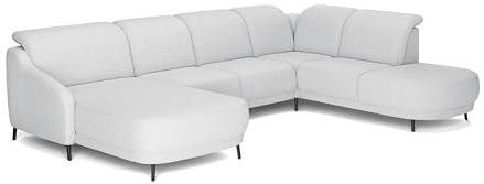 CAVADORE Wohnlandschaft Blue, Sofalandschaft mit Longchair im modernen Design, inkl. kopfteilverstellung, Vorziehsitz motorisch, Klapptisch, mattschwarzen Metallfüßen, Flachgewebe, Mittelgrau