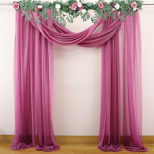 Querbehang Freihanddeko,1 Stück 75*600cm Chiffon Tüll Foto Hintergrund Vorhang Hochzeitsbogen Drapierung Stoff Freihanddeko Dekoration für Hochzeit Fotografie Party Geburtstag Taufe -Lila Rosa