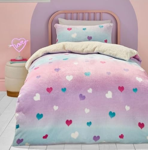 Bedlam Teddy-Fleece-Bettbezug mit rosa Herzen, Doppelbettgröße (200 x 200 cm), weiche und gemütliche Fleece-Bettwäsche in rosa Ombré-Optik, Regenbogen-Herz-Kinder-Bettbezug
