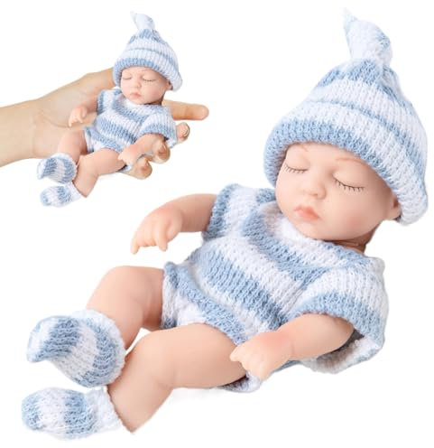 NASSMOSSE Volles Silikon Baby 7 Zoll Mini Babypuppe, Realistische Neugeborenenbabypuppe, Weiches Ganzkörper Silikon Baby mit Kleidung, Silikonbabys für Kindergeschenke Blau