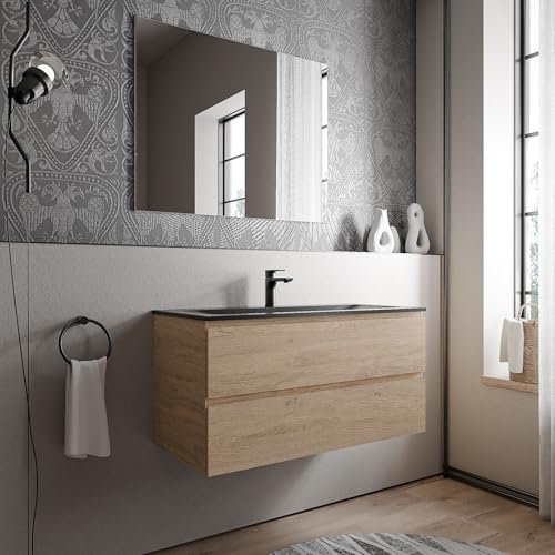 BERNSTEIN Badmöbel-Set Ava 100cm bestehend aus Mineralguss-Waschbecken mit Unterschrank in Eiche honiggold, Waschtisch CREAM - Schwarz matt mit Hahnloch, Ideal für mittelgroße Bäder und Badezimmer