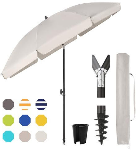Sekey® 160 cm Sonnenschirm Stabil Strandschirm mit Bodenhülse & Schutzhülle für Balkon Garten & Terrasse| Neigungswinkel und Höhe verstellbar, Rund Sonnenschutz UPF 50+