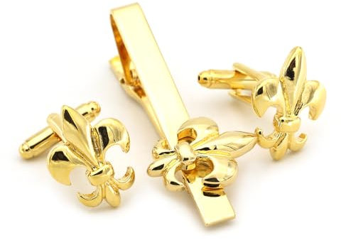 COOLMETALJACKET Ensemble Pince à Cravate et Bouton de Manchette Homme | Broche Cravates Fleur de Lys Doré | Accessoire Argenté Mode Hommes | Cadeau Affaires Anniversaire de Mariage