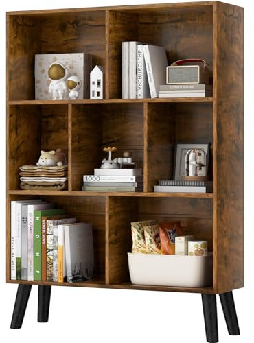 Würfel Bücherregal 3 Etagen Mid-Century Bücherregal mit Beinen, Retro-Holzbücherregale Organizer Aufbewahrungsregal, Freistehende moderne offene Bücherregale für Schlafzimmer, Wohnzimmer, Büro, Braun