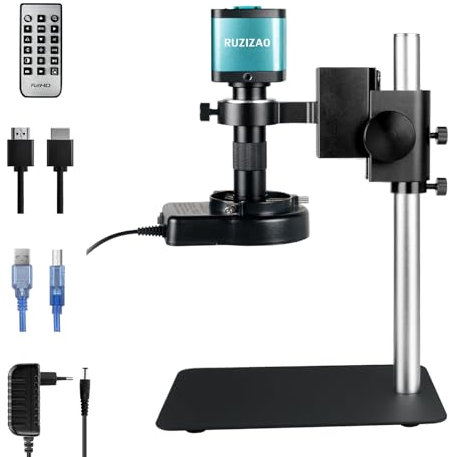 RUZIZAO Microscopio Digital portatil, 150x microscopio de grabación de vídeo 4k, Interfaz HDMI USB, lámpara de Anillo LED, 48mp 1080p microscopio de reparación electrónica con Base metálica