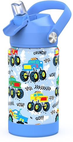 Ntswasd Monster Truck Kids Boys Insulated Water Bottle with Straw,350 Ml Kids Cups with Stainless Steel Leak Proof for School Daycare