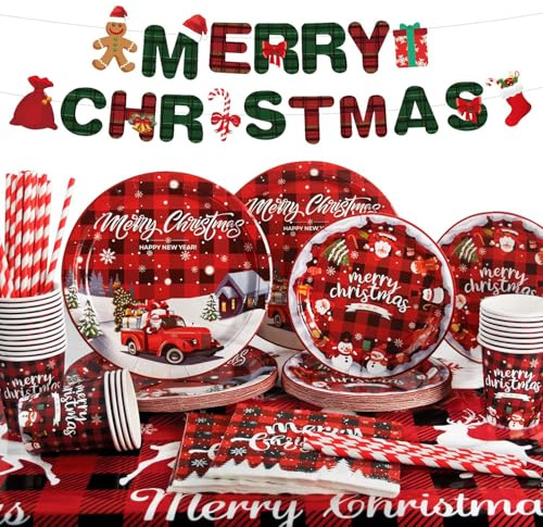 Yidaxing Vaisselle Jetable de Fête de Noël, Assiettes Jetable de Noël Decoration, Gobelets, Pailles, Serviettes, Nappe, Bannière, Ensemble de Vaisselle pour Fête, 16 Invités