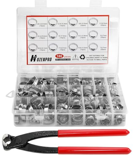 180 PCS Single Ear Hose Clamps, 12 Sizes 5.3-33.1mm Crimp Hose Clamps with Ear Clamps Pincer, 304 Stainless Steel Crimp Pinch Fitting Tools Kit