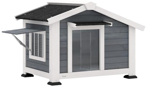 PawHut Hundehütte Wetterfest für Mittelgroße Hunde 98 x 76 x 69,5 cm Grau | Hundehaus aus Holz, Herausnehmbarer Boden, Asphaltdach, Öffnendes Fenster, Türvorhang, bis 20 kg, Indoor Outdoor
