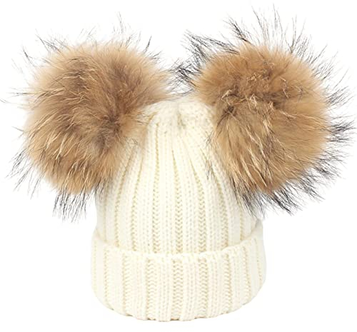 feifanshop Damen Wintermützen Strickmütze Echtfell Waschbär Fell Pelz Bommel Mütze Bommelmütze Beanie Warme Cap Weiß