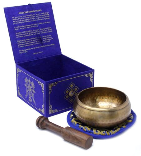 Medicine Buddha Singing Bowl Set 10cm|Balance & Harmony Design| Promotes Peace, Chakra Healing, and Mindfulness|This Singing Bowl has been Handmade in Nepal by traditional Artisan craft people