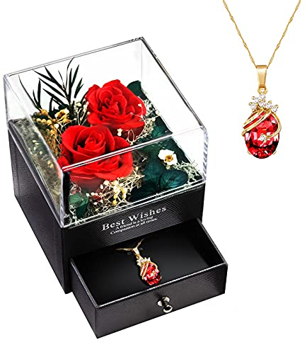 MINCHEDA Ewige Rosen mit Halskette, Echte Blumenbox Geschenk mit Schmuck, Geschenke für Sie, Frau, Freundin, Mama, Valentinstag, Weihnachten, Muttertagsgeschenk, Geburtstag, Jahrestag