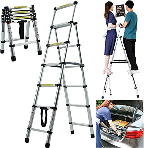 5+6 Step Ladder Folding Telescopic A Frame Step Ladder with Anti Slip Feet Sturdy Aluminium Tread Ladders 330lbs Capacity Office Home Improvement Tools EN131 Safety